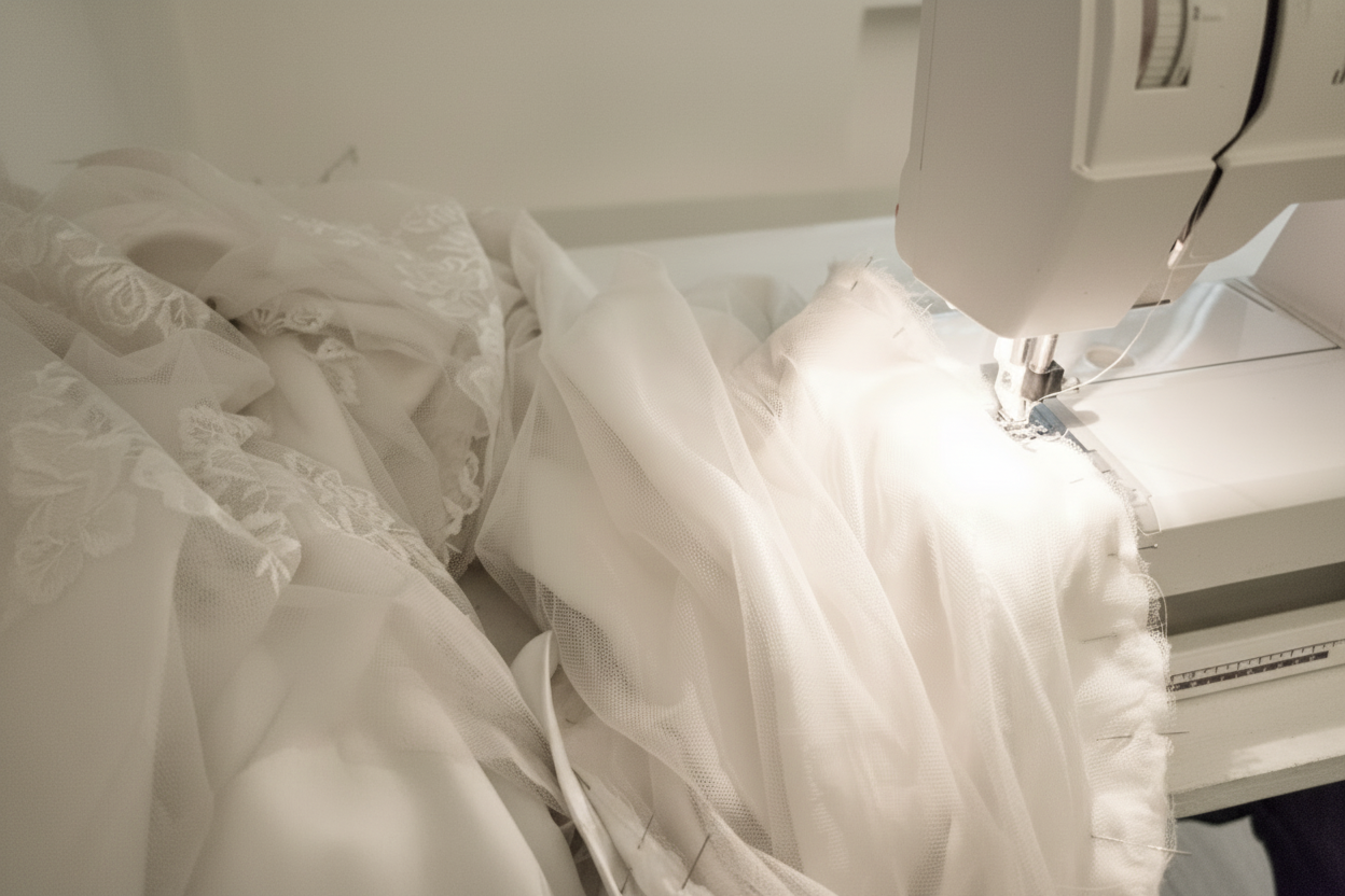 Sewing machine with fabric and lace material on a white background