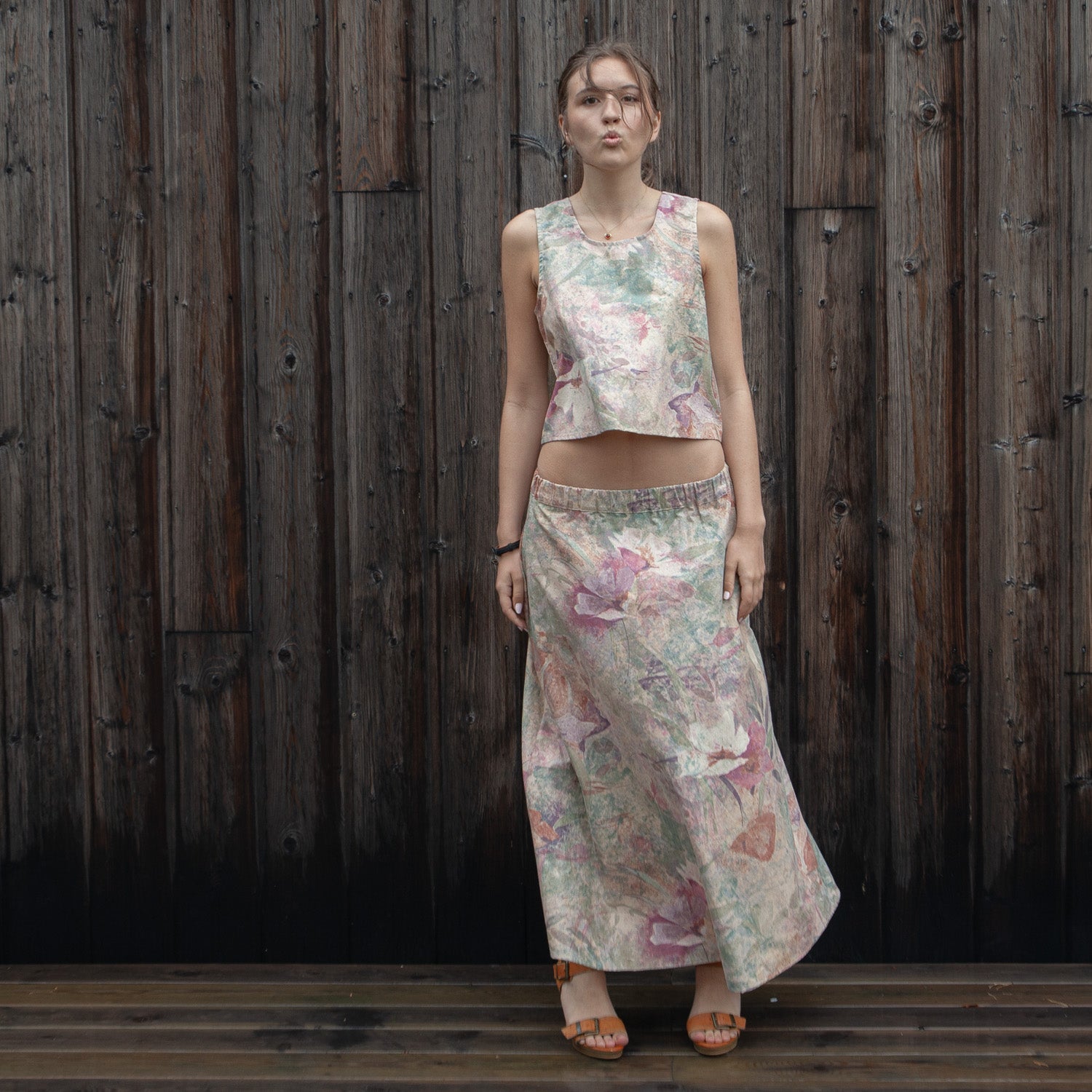 Long skirt with pockets made from upcycled curtain fabric