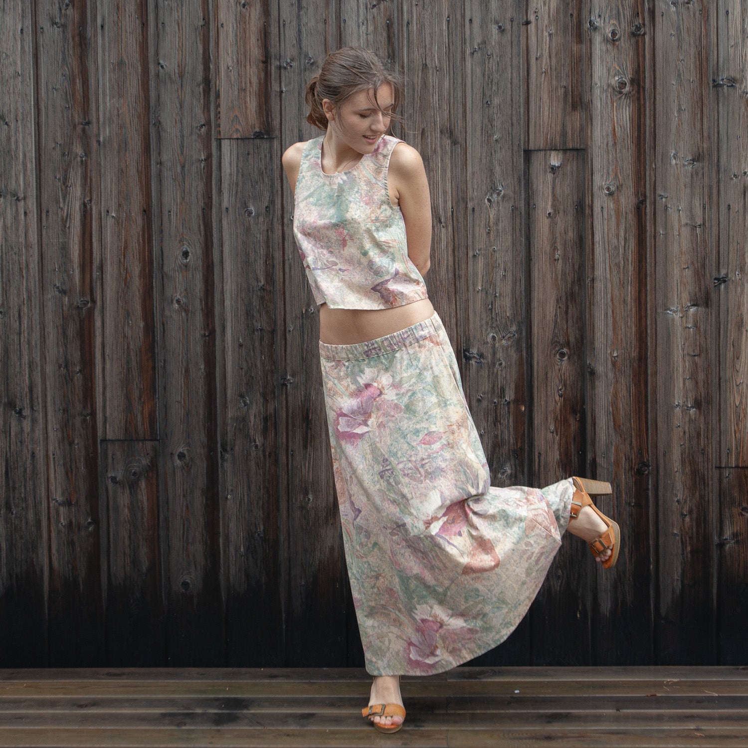 Long skirt with pockets made from upcycled curtain fabric