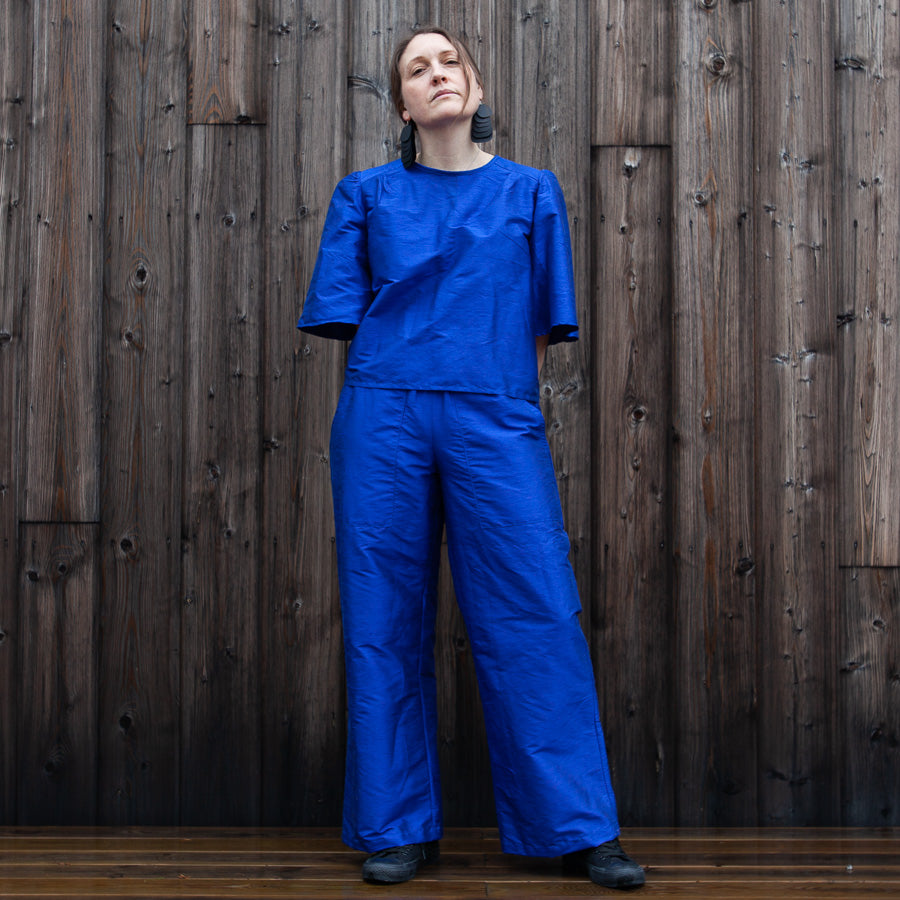 Blue silk trousers