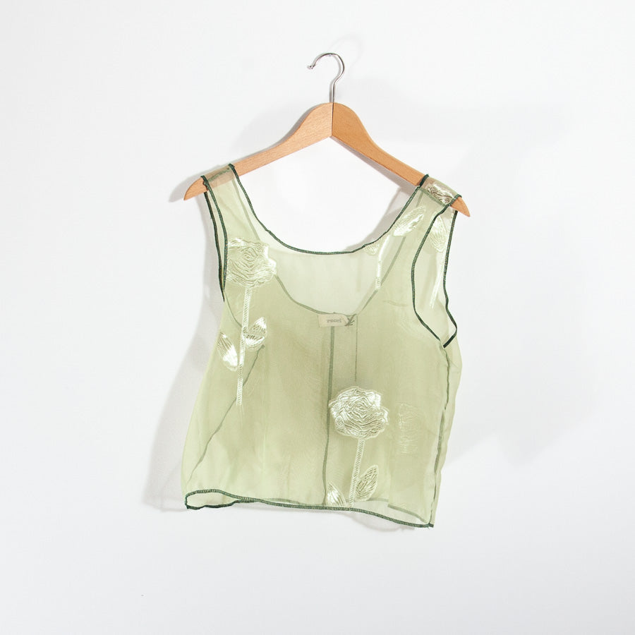 Sheer crop top made from upcycled curtain fabric