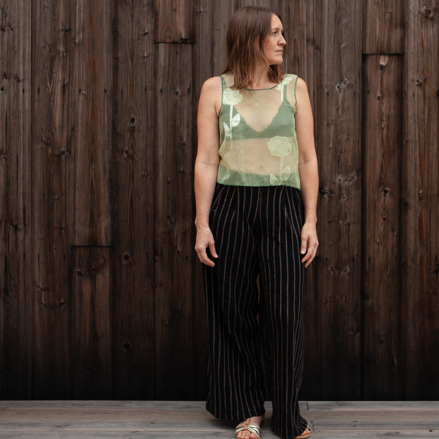 Sheer crop top made from upcycled curtain fabric