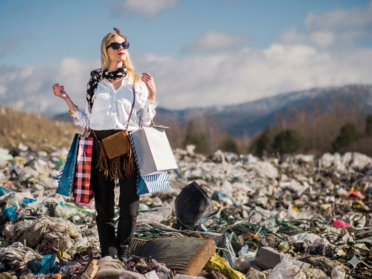 Woman with shopping bags standing in a trash-strewn area with mountains in the background