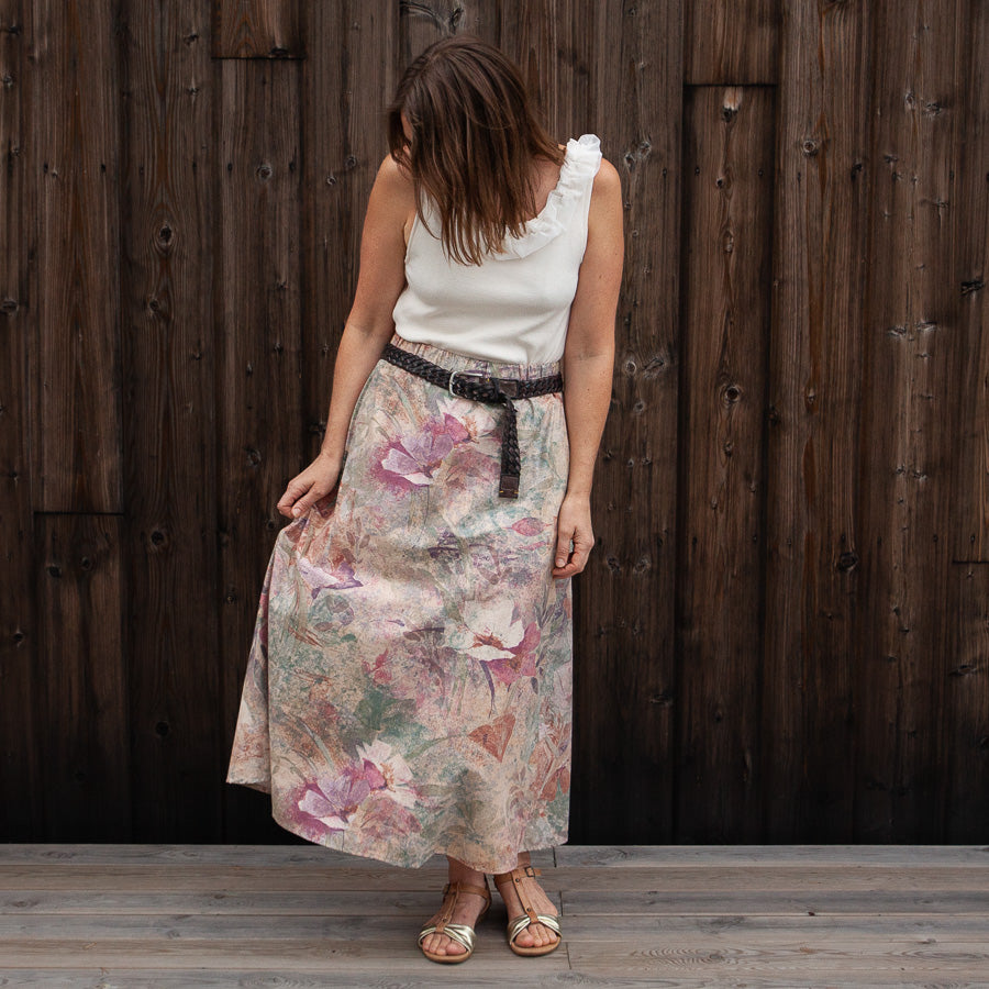 Long skirt with pockets made from upcycled curtain fabric