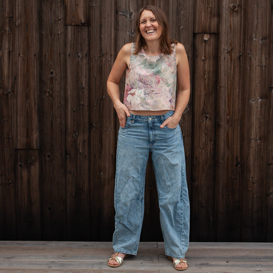 Crop top made from upcycled curtain fabric