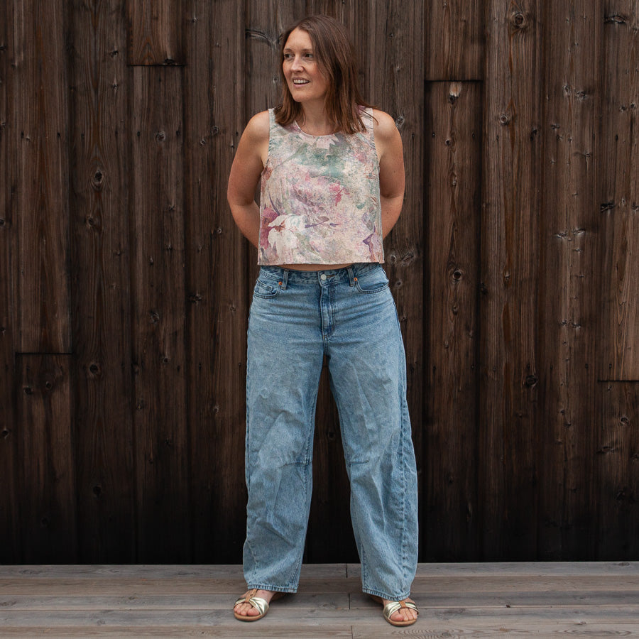 Crop top made from upcycled curtain fabric