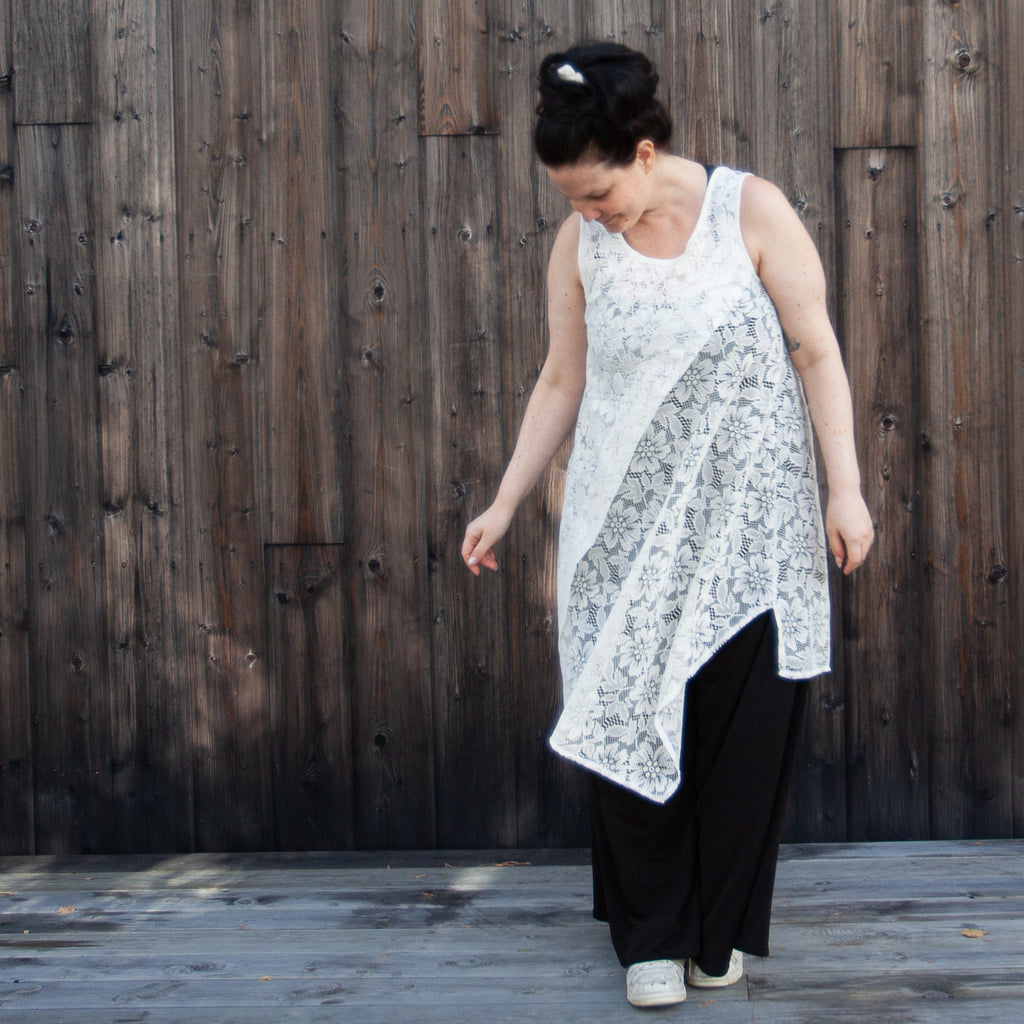 Dress made from a recycled lace curtain