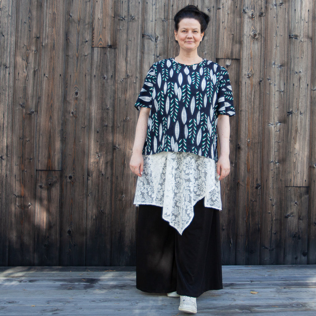 Blue green blouse with leaves