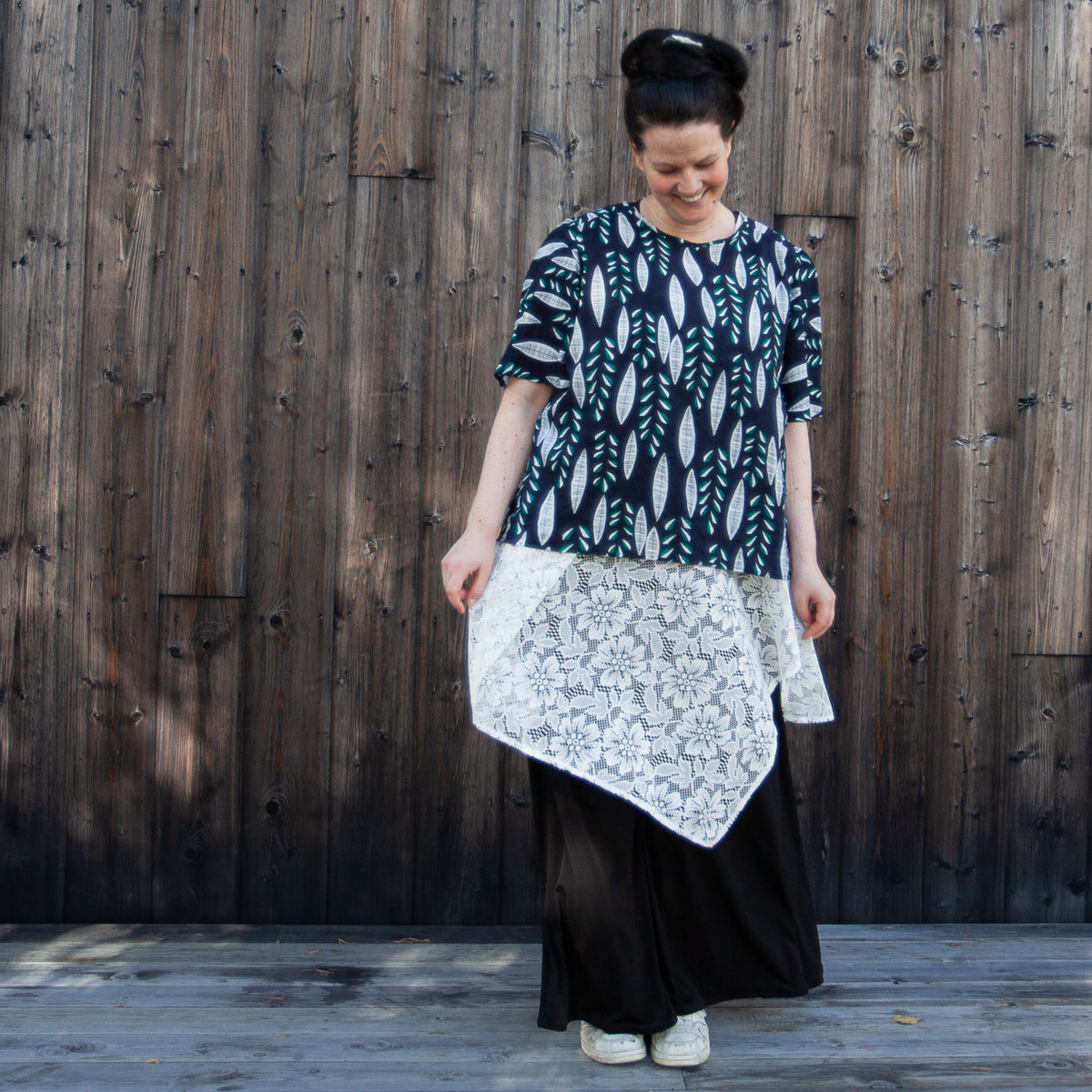 Blue green blouse with leaves