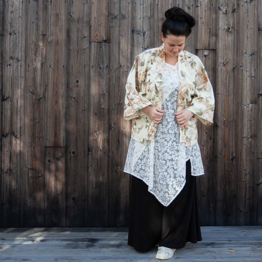 Dress made from a recycled lace curtain