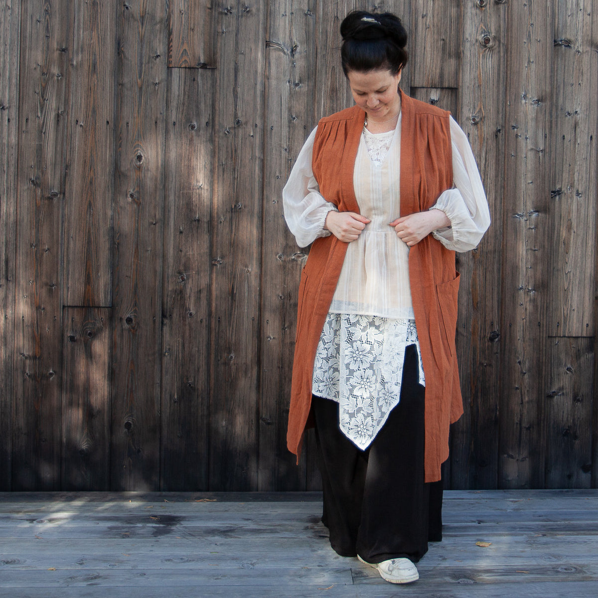 Dress made from a recycled lace curtain