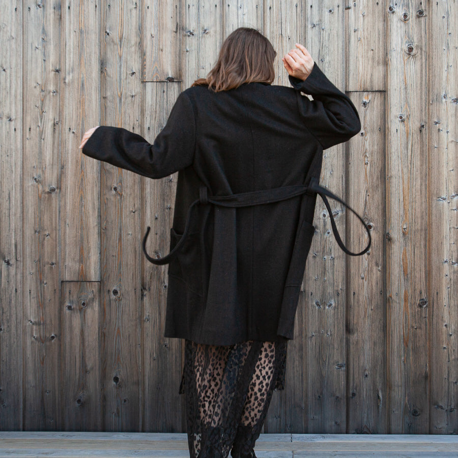 Black coat made from recycled wool
