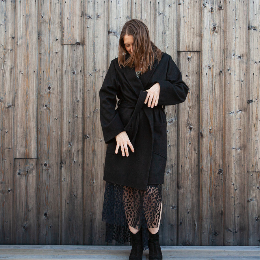 Black coat made from recycled wool