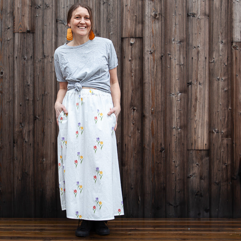 White skirt with tulips in salvaged curtain fabric