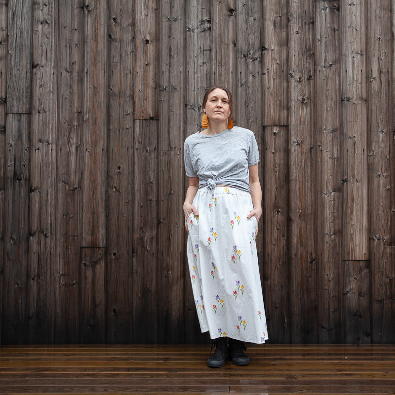 White skirt with tulips in salvaged curtain fabric